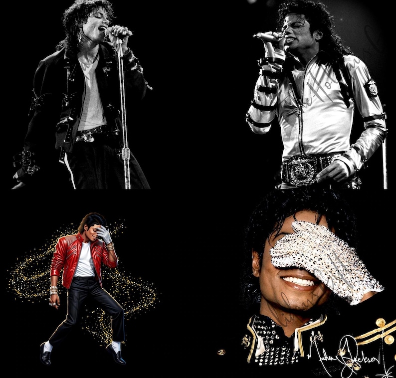 May include: A collage of four images of Michael Jackson. Two images are in black and white, showing him performing on stage. The other two images are in color, one with a red jacket and the other with a sequined glove. The background is black.