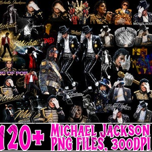May include: A collage of images featuring Michael Jackson in various poses and outfits. The images include portraits, action shots, and illustrations, with text overlays such as "Michael Jackson" and "King of Pop". The bottom of the image has text that reads "120+ MICHAEL JACKSON PNG FILES, 300DPI".