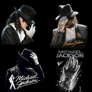 May include: A collage of four images featuring Michael Jackson. The images include a person wearing a black fedora, sequined jacket, and a white glove. The images also include the text "Michael Jackson".