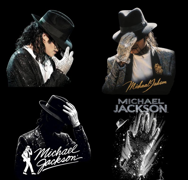 May include: A collage of four images featuring Michael Jackson. The images include a person wearing a black fedora, sequined jacket, and a white glove. The images also include the text "Michael Jackson".