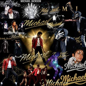 May include: A collage featuring multiple images of Michael Jackson in various poses. The images include the text "Michael Jackson" and "Michael" in gold script. Jackson is shown wearing a red jacket, black pants, and a white glove.