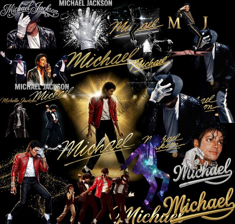 May include: A collage featuring multiple images of Michael Jackson in various poses. The images include the text "Michael Jackson" and "Michael" in gold script. Jackson is shown wearing a red jacket, black pants, and a white glove.