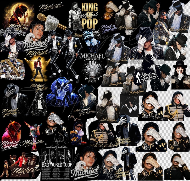 May include: A collage of images featuring Michael Jackson in various poses. The images include the text "Michael Jackson" and "King of Pop". The images are primarily black and white with some color accents.