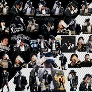 May include: A collage of images featuring Michael Jackson in various poses. He is wearing a black hat, jacket, and white gloves. Some images include the text "Michael Jackson" and his signature. The background is black and transparent.