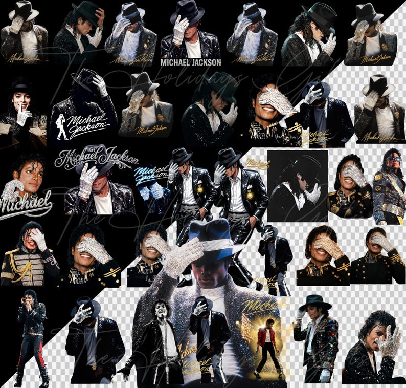 May include: A collage of images featuring Michael Jackson in various poses. He is wearing a black hat, jacket, and white gloves. Some images include the text "Michael Jackson" and his signature. The background is black and transparent.