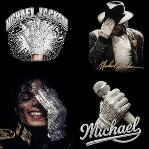 May include: A collage of images featuring Michael Jackson. Includes a graphic of a bedazzled glove, a portrait with a signature, and a close-up of a bedazzled microphone. The images are set against a black background.