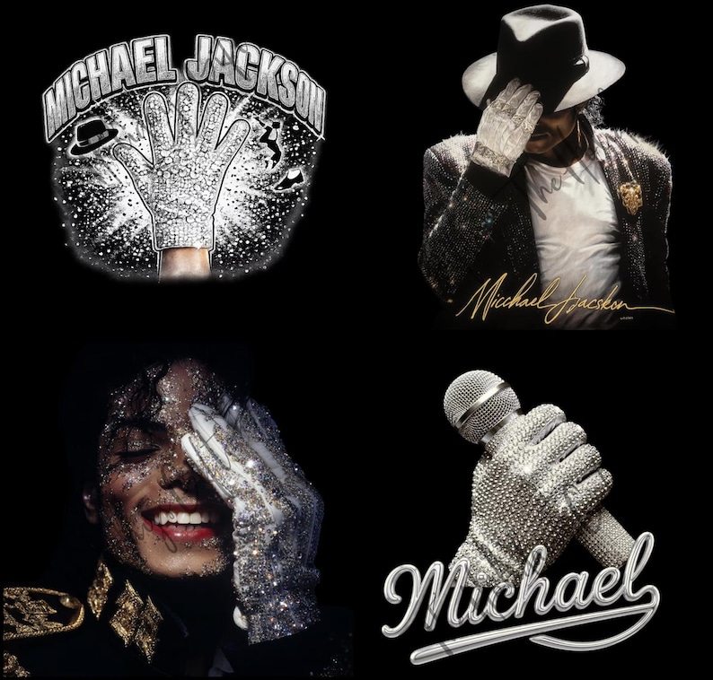 May include: A collage of images featuring Michael Jackson. Includes a graphic of a bedazzled glove, a portrait with a signature, and a close-up of a bedazzled microphone. The images are set against a black background.