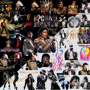 May include: A collage of images featuring Michael Jackson, with various poses and outfits. The images include text such as "MICHAEL JACKSON", "KING OF POP", and "THIS IS IT". The color palette includes black, gold, red, and blue.