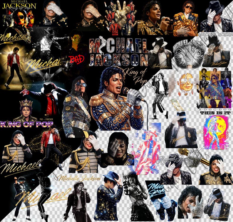May include: A collage of images featuring Michael Jackson, with various poses and outfits. The images include text such as "MICHAEL JACKSON", "KING OF POP", and "THIS IS IT". The color palette includes black, gold, red, and blue.