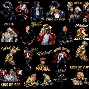 May include: A collection of images featuring Michael Jackson in various poses and outfits. The images include the text "KING OF POP" and "Michael Jackson" in gold lettering. The background is black.