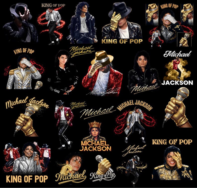 May include: A collection of images featuring Michael Jackson in various poses and outfits. The images include the text "KING OF POP" and "Michael Jackson" in gold lettering. The background is black.