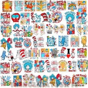 Puede incluir: Una colección de pegatinas coloridas con temática del Dr. Seuss, con personajes y citas de sus libros. Los diseños incluyen El Gato en el Sombrero, Thing 1 y Thing 2, y citas como "¡Oh, los lugares a los que irás!" y "Aquí vienen problemas."