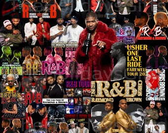 May include: A collage of images featuring Usher and Chris Brown, with text that reads "R&B Tour" and "Raymond & Brown". The images are set against a black background, with some text in a diamond-like font.