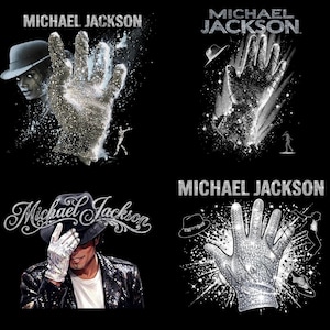 May include: Four images featuring Michael Jackson. Each image has the name "Michael Jackson" in silver. One image shows Michael Jackson's face and a sparkling glove. Other images show a sparkling glove, a silhouette of a dancer, and a fedora.