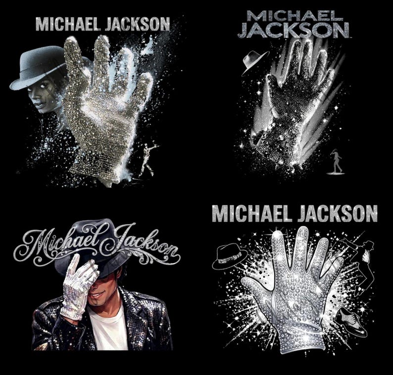 May include: Four images featuring Michael Jackson. Each image has the name "Michael Jackson" in silver. One image shows Michael Jackson's face and a sparkling glove. Other images show a sparkling glove, a silhouette of a dancer, and a fedora.