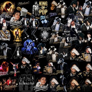 May include: A collage of images featuring Michael Jackson in various poses and outfits. The images include the text "Michael Jackson", "King of Pop", and "Bad World Tour". The images are set against a black background.