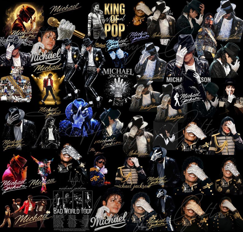 May include: A collage of images featuring Michael Jackson in various poses and outfits. The images include the text "Michael Jackson", "King of Pop", and "Bad World Tour". The images are set against a black background.