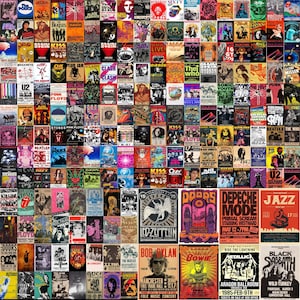 May include: A large collage of vintage music posters featuring various bands and artists including The Beatles, Pink Floyd, Led Zeppelin, Metallica, and David Bowie. The collection displays a wide array of graphic styles, typography, and colours.