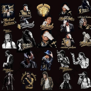 May include: A collection of Michael Jackson images and logos in gold and black. The images include portraits of Michael Jackson in various poses, some with his signature glove, and the text "Michael Jackson" in different fonts.