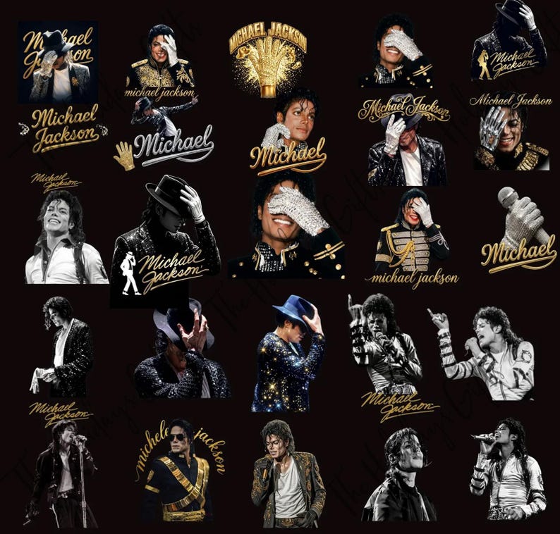 May include: A collection of Michael Jackson images and logos in gold and black. The images include portraits of Michael Jackson in various poses, some with his signature glove, and the text "Michael Jackson" in different fonts.