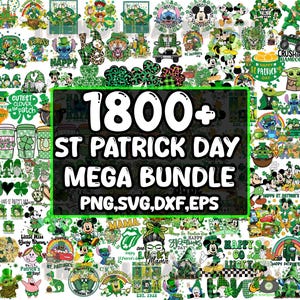 Può includere: Una collezione di design digitali a tema San Patrizio. L'immagine presenta varie grafiche, tra cui personaggi dei cartoni animati, trifogli e il testo "1800+ ST PATRICK DAY MEGA BUNDLE". I design sono in verde, bianco e nero.