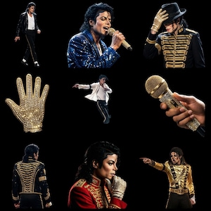 May include: A collage of images featuring Michael Jackson in various iconic outfits and poses. Includes a bedazzled glove, a gold microphone, and images of him performing in sequined jackets and military-style attire. The images are set against a black background.