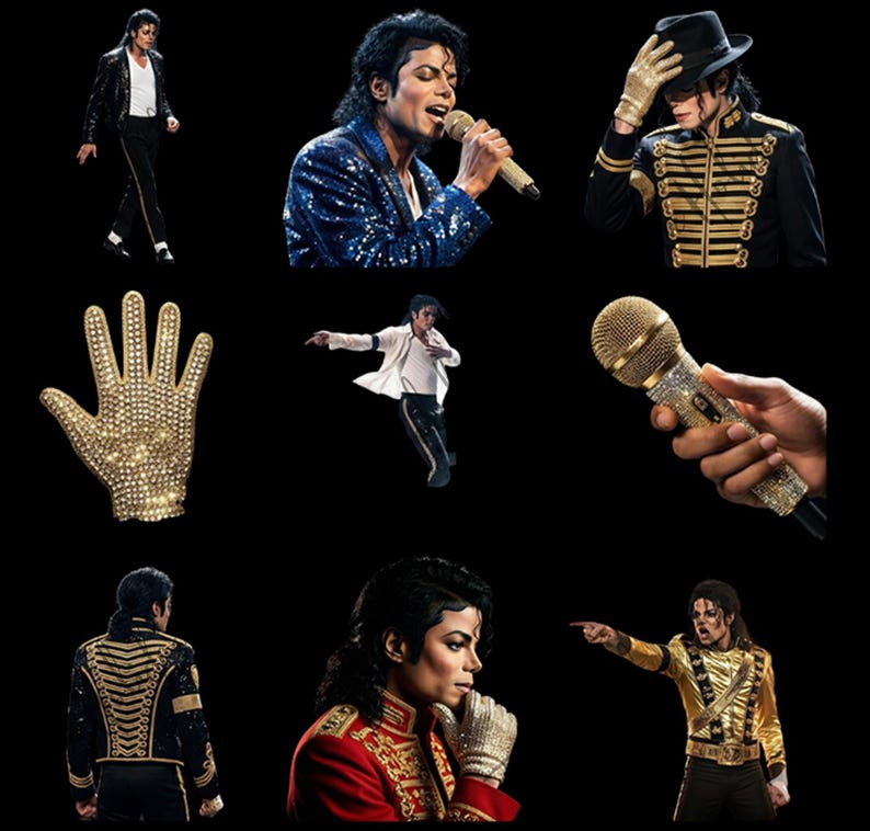 May include: A collage of images featuring Michael Jackson in various iconic outfits and poses. Includes a bedazzled glove, a gold microphone, and images of him performing in sequined jackets and military-style attire. The images are set against a black background.