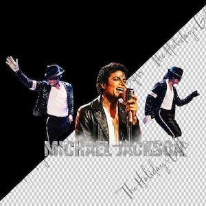 May include: An image featuring three depictions of Michael Jackson in performance poses. The central image shows him singing into a vintage microphone. The text "MICHAEL JACKSON" is displayed in silver letters. The background is split between black and a transparent pattern.