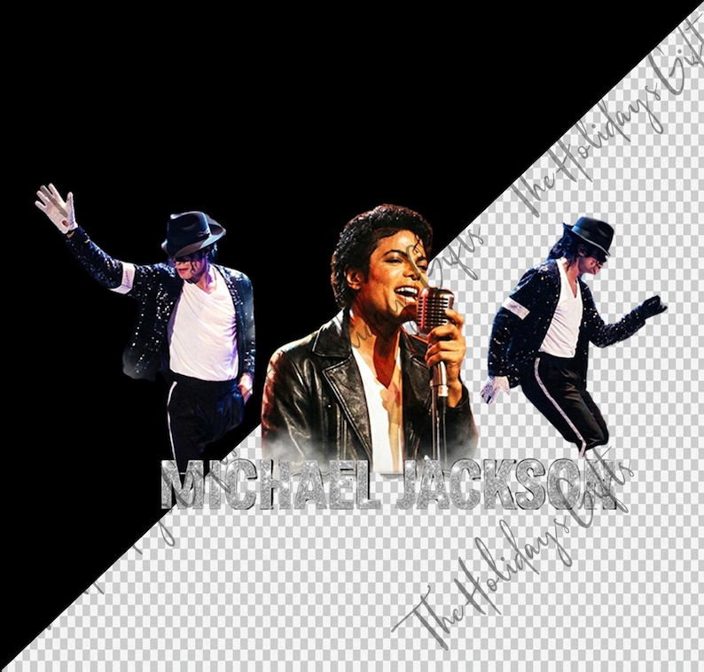 May include: An image featuring three depictions of Michael Jackson in performance poses. The central image shows him singing into a vintage microphone. The text "MICHAEL JACKSON" is displayed in silver letters. The background is split between black and a transparent pattern.