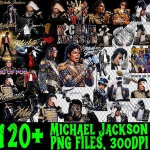 May include: A collage of images featuring Michael Jackson in various poses and outfits. The images include text that says "Michael Jackson", "Bad", "King of Pop", and "This Is It". The text "120+ MICHAEL JACKSON PNG FILES, 300DPI" is also visible.