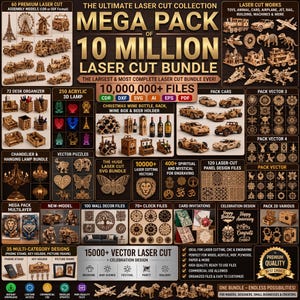 May include: A digital collection of 10 million laser cut files featuring various designs including 3D assembly models, desk organizers, acrylic lamps, vector puzzles, wall decor, clocks, and card invitations in formats like CDR, DXF, SVG, AI, EPS, and PDF.