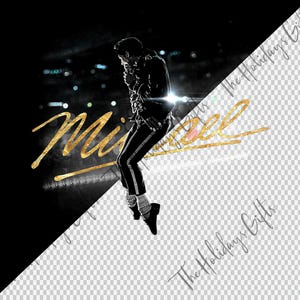 May include: A black and white graphic featuring a silhouette of a performer in a dynamic pose, with the name "Michael" in gold script. The performer is wearing a black outfit with white stripes and socks, and black shoes. The background is split, with a dark stage on the left and a transparent area on the right.