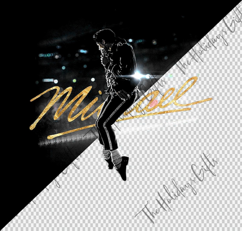 May include: A black and white graphic featuring a silhouette of a performer in a dynamic pose, with the name "Michael" in gold script. The performer is wearing a black outfit with white stripes and socks, and black shoes. The background is split, with a dark stage on the left and a transparent area on the right.