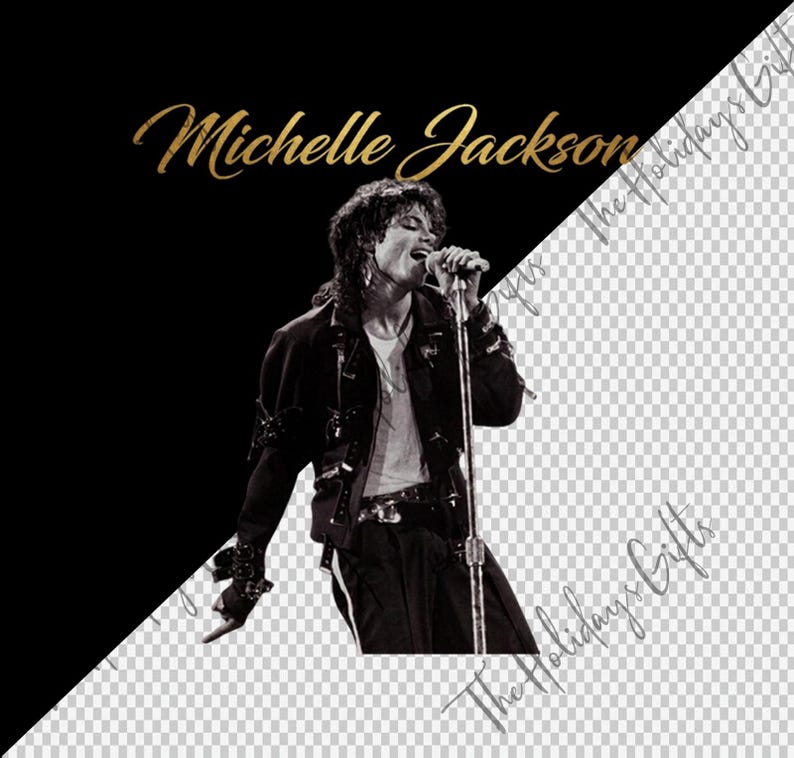 May include: Black and white image of a singer performing on stage, holding a microphone. The text "Michelle Jackson" is in gold script. The singer is wearing a black jacket and pants. The background is black and transparent.
