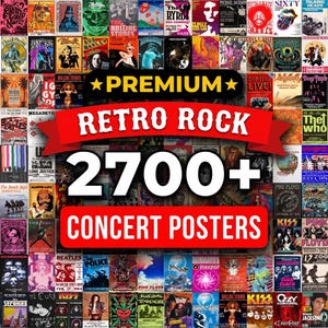 Pode incluir: Uma colagem digital de inúmeros cartazes de concertos de rock vintage com várias bandas e artistas. Sobreposta no centro está uma faixa vermelha com o texto branco PREMIUM RETRO ROCK 2700+ CONCERT POSTERS em fonte negrito sem serifa.