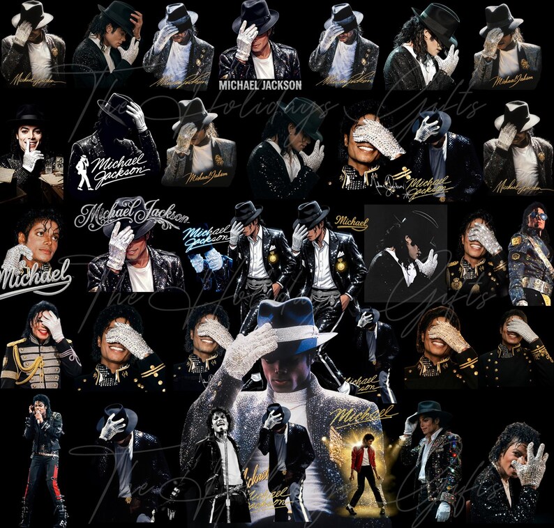 May include: A collage of images featuring Michael Jackson in various poses. The images show him wearing a black hat, white gloves, and a sparkling jacket. The text "Michael Jackson" and "Holidays Gifts" are also visible.