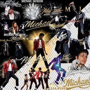 May include: A collage featuring multiple images of Michael Jackson in various poses. The images showcase him in iconic outfits, including a red leather jacket and a sequined glove. Gold text spells "Michael" across the image, with the words "MICHAEL JACKSON" at the top.