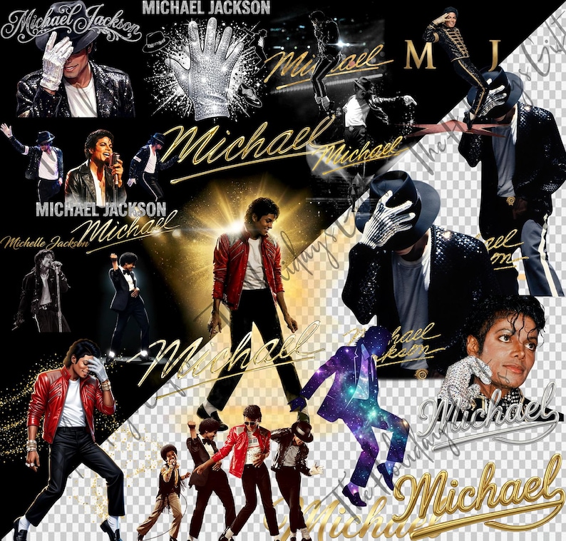May include: A collage featuring multiple images of Michael Jackson in various poses. The images showcase him in iconic outfits, including a red leather jacket and a sequined glove. Gold text spells "Michael" across the image, with the words "MICHAEL JACKSON" at the top.