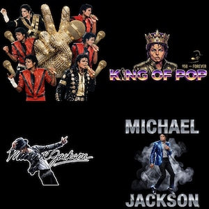May include: A collage of images featuring Michael Jackson. The images include various poses of the singer, a bejeweled hand holding a microphone, and text that reads "King of Pop" and "Michael Jackson."