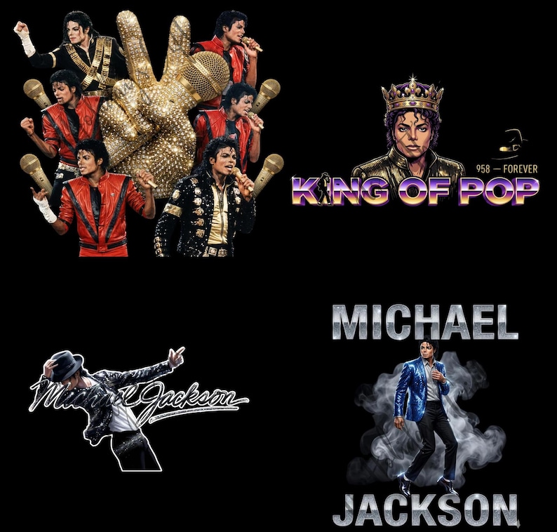 May include: A collage of images featuring Michael Jackson. The images include various poses of the singer, a bejeweled hand holding a microphone, and text that reads "King of Pop" and "Michael Jackson."