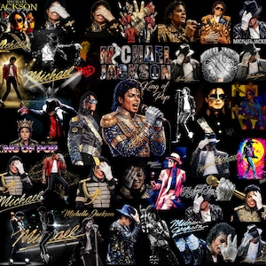 May include: A collage of images featuring Michael Jackson, with various poses and outfits. The images include text such as "MICHAEL JACKSON", "King of Pop", and signatures. The color palette is dominated by black, gold, and red.