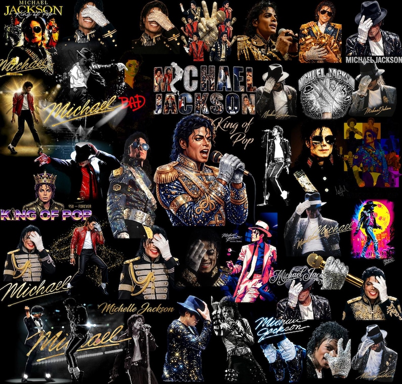 May include: A collage of images featuring Michael Jackson, with various poses and outfits. The images include text such as "MICHAEL JACKSON", "King of Pop", and signatures. The color palette is dominated by black, gold, and red.