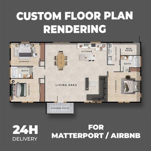 May include: A detailed custom floor plan rendering with the text "CUSTOM FLOOR PLAN RENDERING." The layout includes bedrooms, bathrooms, a kitchen, and a living area. The text "24H DELIVERY" and "FOR MATTERPORT / AIRBNB" are also visible.