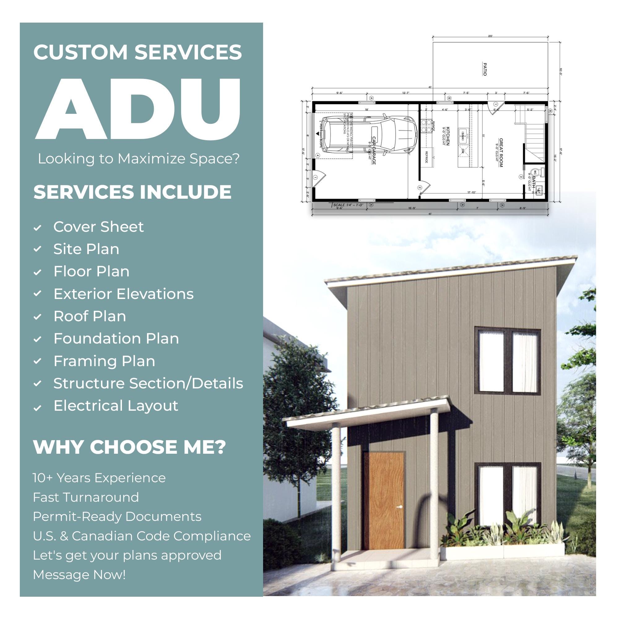 Custom ADU Plans 500–1000 sqft | Permit-Ready for USA & Canada | Site Plan, Floor Plan, Foundation, Framing, Electrical, Elevations Included