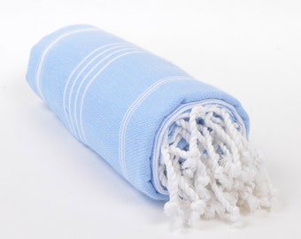 turkish towel, peshtemal vs. towel, 100% cotton, quick dry, highly absorbent, light to pack, eco friendly, light blue & white, blanket, spa