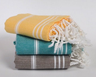 3 kitchen towels, turkish  towel, head towel, cotton towel, tea towel, yellow, green turquoise, brown, baby towel, quick dry, lightweigt,