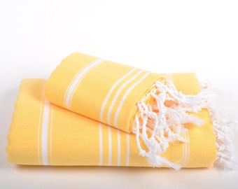 body and hand towel set, turkish towel, peshtemal and peshkir set, yellow white striped towel, bath towel,  baby towel, quick dry, light