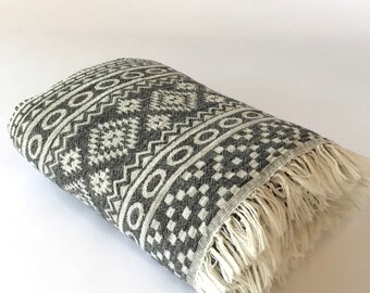 aztec peshtemal,  black and beige, double sided, lightweight, turkish towel, beach towel, pareo, spa towel, turkish beach towel, quick dry