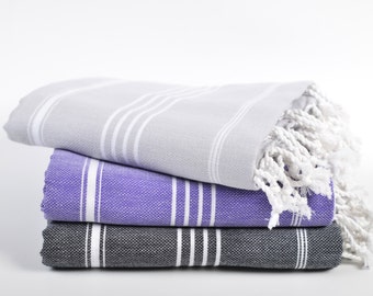 3 beach towels, turkish towels, gray purple black striped towel, baby blanket, guest towel, pesthemals, throws, tablecloth