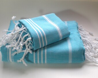 peshtemal and peshkir set, body and head towel, turkish towel, turquoise white striped towel, bath towel, beach towel, towel set